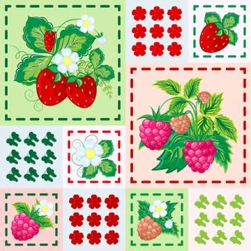 Patchwork background with strawberries and raspberries. Seamless vector pattern Illustrazione stock
