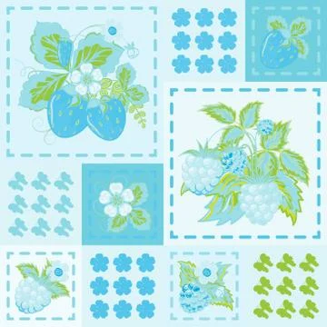 Patchwork background with strawberries and raspberries. Seamless vector pattern 스톡 일러스트
