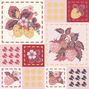Patchwork background with strawberries and raspberries. Seamless vector pattern Stock Illustration