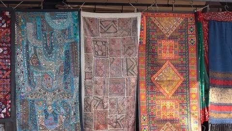 Patchwork carpet in local market, India. Close up Stock Footage 101239289