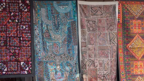 Patchwork carpet in local market, India. Close up Stock Footage 109449301