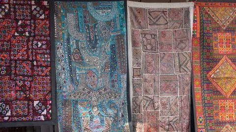 Patchwork carpet in local market, India. Close up Stock Footage 114881844
