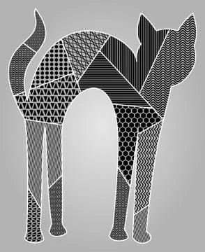 Patchwork cat silouette in light gray and black design on gray gradient Stock-Illustration