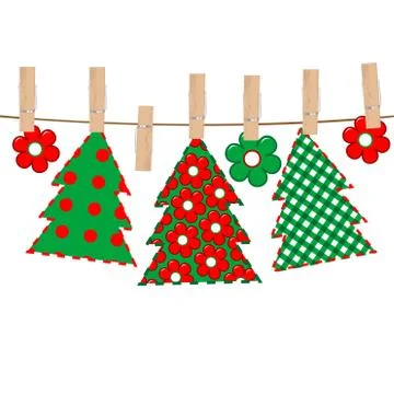 Patchwork with Christmas tree hanging on a rope in cloth pegs Ilustración de archivo
