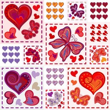 Patchwork colorful with hearts and butterfly. Seamless pattern. Scrapbooking 스톡 일러스트
