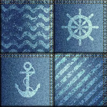 Patchwork of denim fabric in marine style. Stock Illustration