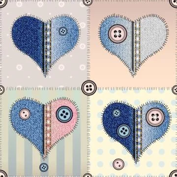Patchwork with denim hearts. Stock-Illustration