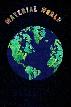 Patchwork earth with the words Material World Stock-Illustration