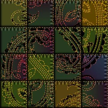 Patchwork with embroidery of paisley ornament. Stock Illustration
