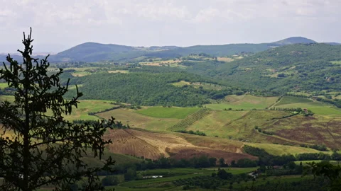 Patchwork Farmland and Hills in Tuscany Stock Footage 247358983