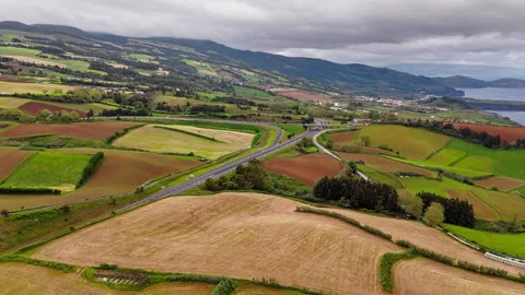 Patchwork farmland and rolling hills on Sao Miguel Island, Azores Stock Footage 333466406