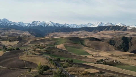 Patchwork farmland below snowy mountains in Xinjiang, China, aerial view Stock Footage 341842237