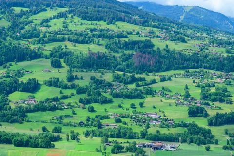 Patchwork of farms and forest, Passy countryside Stockfoto's