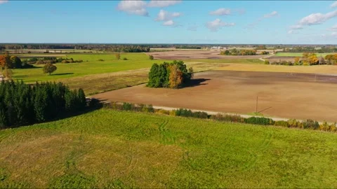 Patchwork Fields And Autumn Tones Reveal Latvia's Countryside From Above Today Video stock 337508869