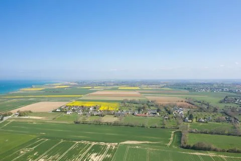 Patchwork fields and coastline, Longues-sur-Mer Stock Photos