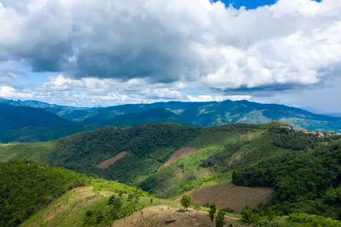 Patchwork fields and forested hills, Laos highlands 스톡 사진