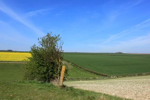 Patchwork fields and hills in a springtime landscape Stock Photos