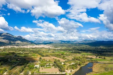 Patchwork fields and river, Orosei valley landscape Stock Photos