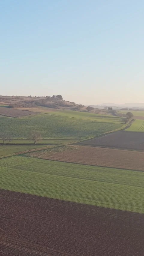 The patchwork fields and rolling countryside of Nievre, France, aerial vertical Stock Footage 346634277