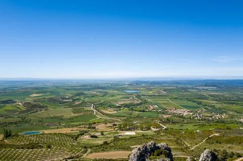 Patchwork fields and rural village, Loarre valley Fotos de archivo