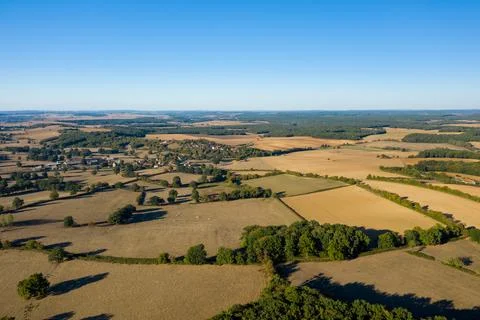 Patchwork fields and rural village in Nievre Stockfoto's