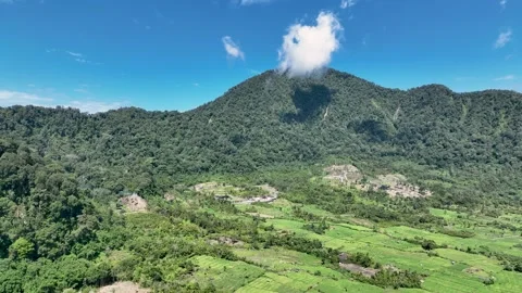 Patchwork fields and tiny rooftops cling to the foot of a towering jungle ridge Stock Footage 328637118