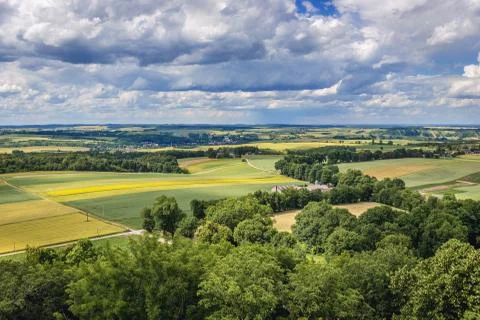 Patchwork fields seen from Smolen Castle in Silesia Region, Poland 스톡 사진