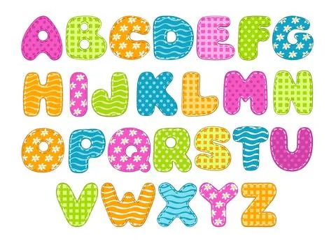 Patchwork font. Scrappy textile letters, kids chubby alphabet, bright colors Stock Illustration