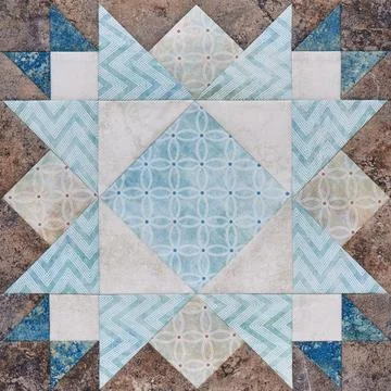 Patchwork geometric block from pieces of fabrics, detail of quilt Stock-Fotos