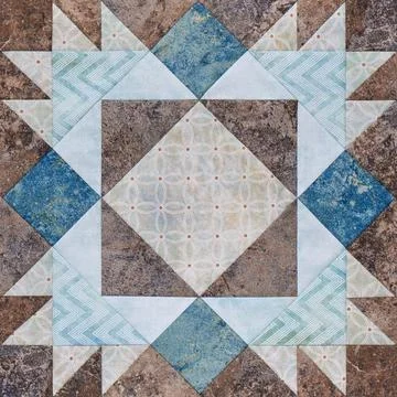 Patchwork geometric block from pieces of fabrics, detail of quilt 스톡 사진