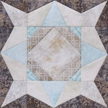 Patchwork geometric block from pieces of fabrics, detail of quilt Fotos Stock