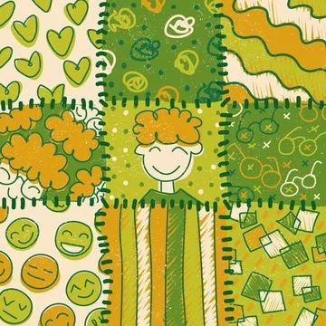 Patchwork geometric character doodle face seamless pattern vector illustration Stock Illustration