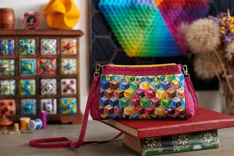 Patchwork handbag on the background.wooden mini chest with ceramic drawers 스톡 사진