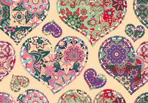 Patchwork hearts. Seamless pattern. Scrapbooking series. Vector background Stock Illustration