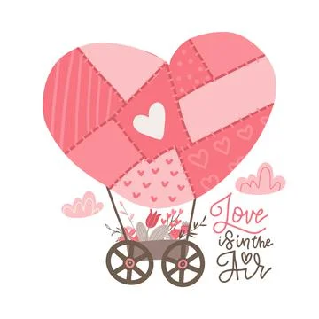 Patchwork hot air balloon in heart shape with basket full of flowers. Valentine Illustrazione stock