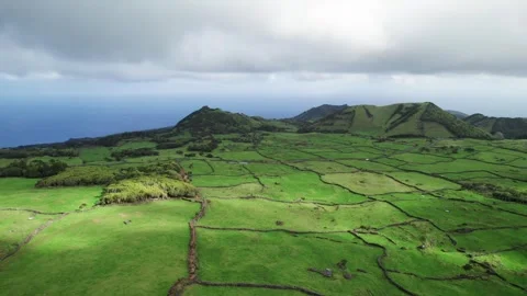 Patchwork landscape with fertile pastures and volcanic cones on Pico Island Stock Footage 303346486