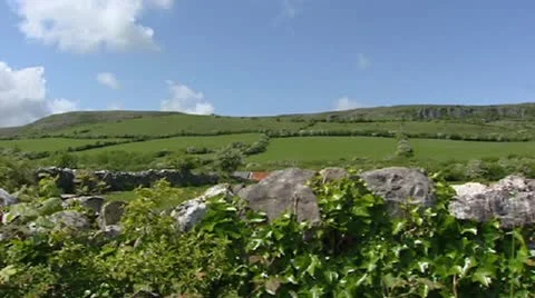 Patchwork landscape with hedgerows behind dry stone wall + pan Stock-Footage 21273324