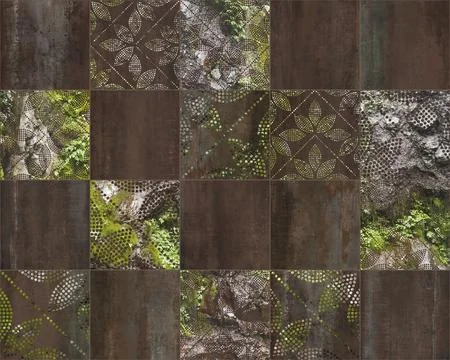 Patchwork made of cement and floral decoration. Stock Photos