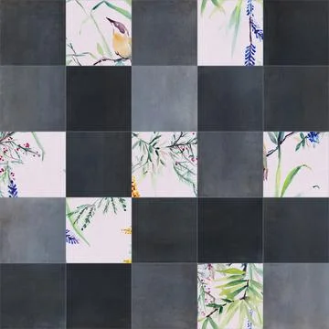 Patchwork made of cement and floral decoration. Stock Photos