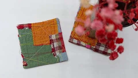 Patchwork mug coaster handmade textile 库存照片