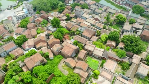 Patchwork old village roofs with greenery between houses in Dongguan Stock Footage 346751755