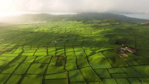 Patchwork pasture agricultural fields at sunset on Terceira Island. Aerial view Stock Footage 296800163