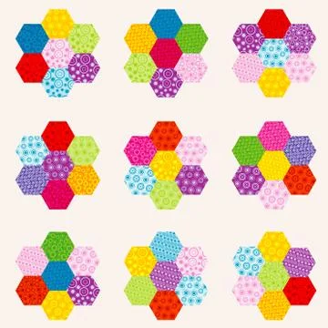 Patchwork pattern with flowers made of hexagonal patches イラスト素材