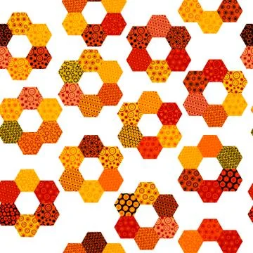 Patchwork pattern with flowers made of hexagonal patches Illustrazione stock