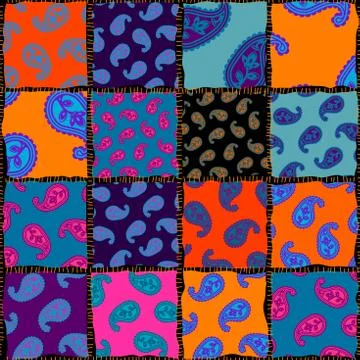Patchwork pattern with Paisley ornament patterns. Bright magenta and orange c 스톡 일러스트