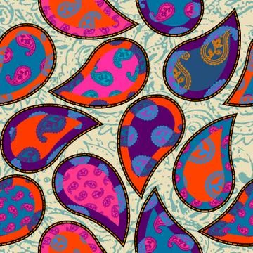 Patchwork pattern with Paisley ornament patterns. Bright magenta and orange c Illustrazione stock