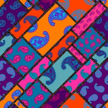 Patchwork pattern with Paisley ornament patterns. Bright magenta and orange c 스톡 일러스트