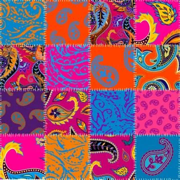 Patchwork pattern with Paisley ornament patterns. Bright magenta and orange c 스톡 일러스트