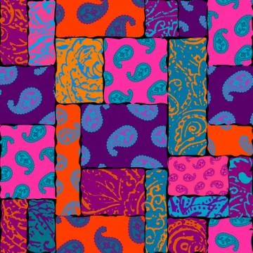 Patchwork pattern with Paisley ornament patterns. Bright magenta and orange c 스톡 일러스트