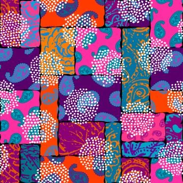 Patchwork pattern with Paisley ornament patterns. Bright magenta and orange c 스톡 일러스트